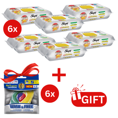 PACHET PROMO: 6× Șervețele Sleepy Easy Clean lămâie 50 buc + 6× Capsule rufe Wash & Free 4in1