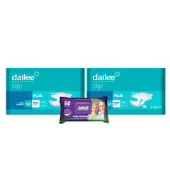 2x DAILEE Slip Plus Scutece Adulti 5.5 Pic XS/S 28 + 1x Servetele umede Actual, 50 buc (cadou)