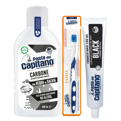 Pasta de dinti cu carbune activ Pasta del Capitano 100ml + apa de gura cu carbune activ + periuta peri moi– Pachet Promo