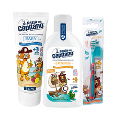Pasta de dinti Tutti Frutti + apa de gura Soft Mint + periuta de dinti Del Capitano Junior – Pachet Promo