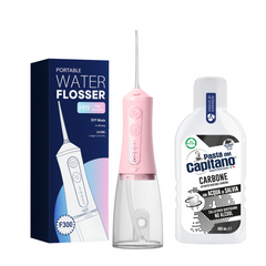 Irigator bucal portabil JTF Sonic F300 Roz + Apa de gura cu carbune activ Del Capitano 400ml- Pachet Promo