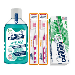 Pasta de dinti antitartru Pasta del Capitano + apa de gura antiplaca + 2x periute peri medii – Pachet Promo