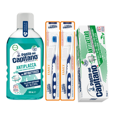 Pasta de dinti antitartru Pasta del Capitano + apa de gura antiplaca + 2x periute peri moi – Pachet Promo