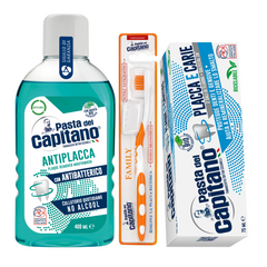 Pasta de dinti antiplaca si anticarii Pasta del Capitano + apa de gura antiplaca + periuta peri tari – Pachet Promo