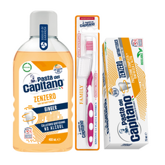 Pasta de dinti cu ghimbir Pasta del Capitano + apa de gura + periuta cu peri medii – Pachet Promo