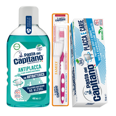 Pasta de dinti antiplaca si anticarii Pasta del Capitano + apa de gura antiplaca +periuta peri medii– Pachet Promo