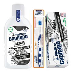Pasta de dinti cu carbune activ Pasta del Capitano + apa de gura cu carbune activ + periuta peri moi– Pachet Promo