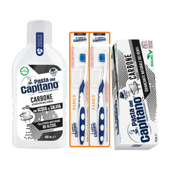 Pasta de dinti cu carbune activ Pasta del Capitano + apa de gura cu carbune activ + 2x periuta peri moi– Pachet Promo