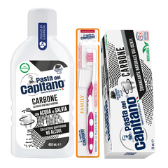 Pasta de dinti cu carbune activ Pasta del Capitano + apa de gura cu carbune activ + periuta peri medii– Pachet Promo