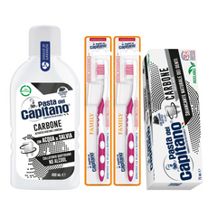 Pasta de dinti cu carbune activ Pasta del Capitano + apa de gura cu carbune activ + 2x periuta peri medii– Pachet Promo