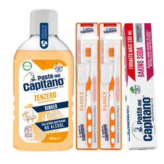 Pasta de dinti cu bicarbonat Pasta del Capitano 100ml + apa de gura cu ghimbir + 2x periuta peri tari – Pachet Promo