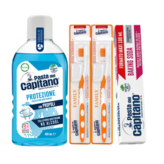 Pasta de dinti cu bicarbonat Pasta del Capitano 100ml + apa de gura pentru protectie + 2x periuta peri tari – Pachet Promo