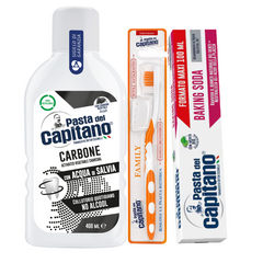 Pasta de dinti cu bicarbonat Pasta del Capitano 100ml + apa de gura cu carbune activ + periuta peri tari – Pachet Promo