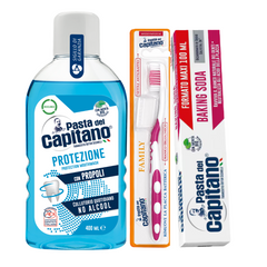 Pasta de dinti cu bicarbonat Pasta del Capitano 100ml + apa de gura pentru protectie + periuta peri medii – Pachet Promo