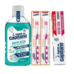 Pasta de dinti cu bicarbonat Pasta del Capitano 100ml + apa de gura antiplaca + 2x periuta peri medii – Pachet Promo