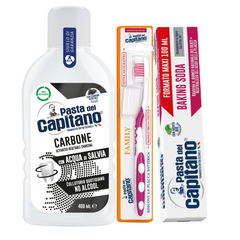 Pasta de dinti cu bicarbonat Pasta del Capitano 100ml + apa de gura cu carbune activ + periuta peri medii – Pachet Promo