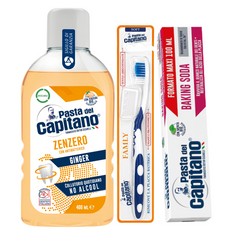 Pasta de dinti cu bicarbonat Pasta del Capitano 100ml + apa de gura cu ghimbir + periuta peri moi– Pachet Promo