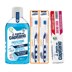 Pasta de dinti cu bicarbonat Pasta del Capitano 100ml + apa de gura pentru protectie + 2x periuta peri moi– Pachet Promo