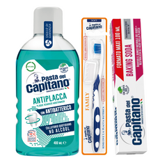 Pasta de dinti cu bicarbonat Pasta del Capitano 100ml + apa de gura antiplaca + periuta peri moi– Pachet Promo