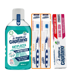 Pasta de dinti cu bicarbonat Pasta del Capitano 100ml + apa de gura antiplaca + 2x periuta peri moi– Pachet Promo