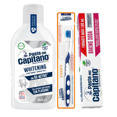 Pasta de dinti cu bicarbonat Pasta del Capitano 100ml + apa de gura pentru albire + periuta peri moi– Pachet Promo