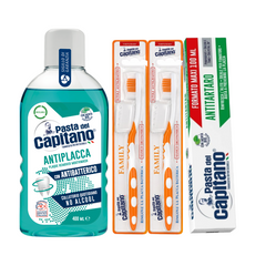 Pasta de dinti antitartru Pasta del Capitano 100ml + apa de gura antiplaca + 2x periuta peri tari– Pachet Promo