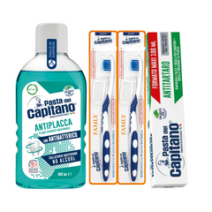 Pasta de dinti antitartru Pasta del Capitano 100ml + apa de gura antiplaca + 2x periuta peri moi– Pachet Promo