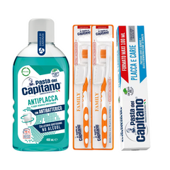 Pasta de dinti impotriva placii si cariilor Pasta del Capitano 100ml + apa de gura antiplaca + 2x periuta peri tari– Pachet Promo