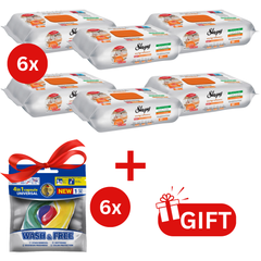 PACHET PROMO: 6× Șervețele Sleepy Easy Clean portocală 50 buc + 6× Capsule rufe Wash & Free 4in1