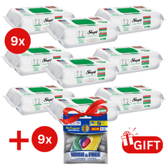 PACHET PROMO: 9× Șervețele Sleepy White Soap Additive 100 buc + 9× Capsule rufe Wash & Free 4in1