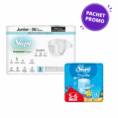 Pachet Promo Scutece Sleepy Natural Premium Nr. 5 (36 buc, 11-18 kg) + Scutece Chiloțel pentru Apă Nr. 5-6 (14 buc, 11-25 kg)