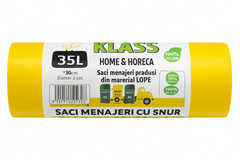 KLASS Home & Horeca – Saci menajeri cu șnur, galbeni- 35L- 15buc/rola