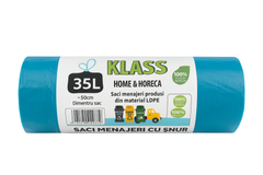 KLASS Home & Horeca – Saci menajeri cu șnur, turcoaz- 35L- 15buc/rola