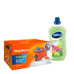Pachet Promo Curatenie (Solutie Universala Pardoseli Spring Bouquet 1L + Set curatare mop rotativ si galeata cu pedala MACROMAX Force)