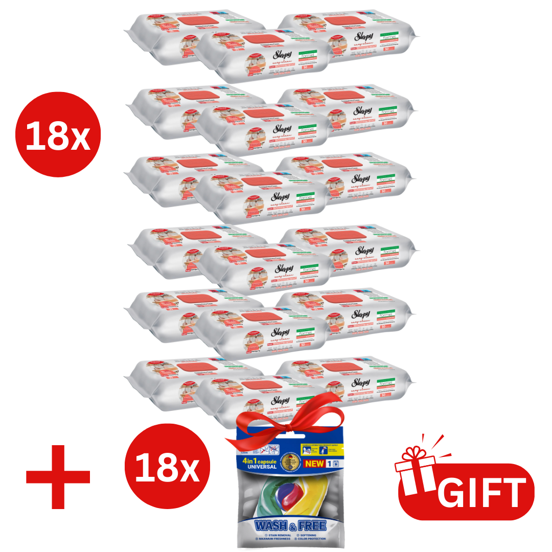 PACHET PROMO: 18× Șervețele Sleepy Easy Clean grapefruit 50 buc + 18× Capsule rufe Wash & Free 4in1