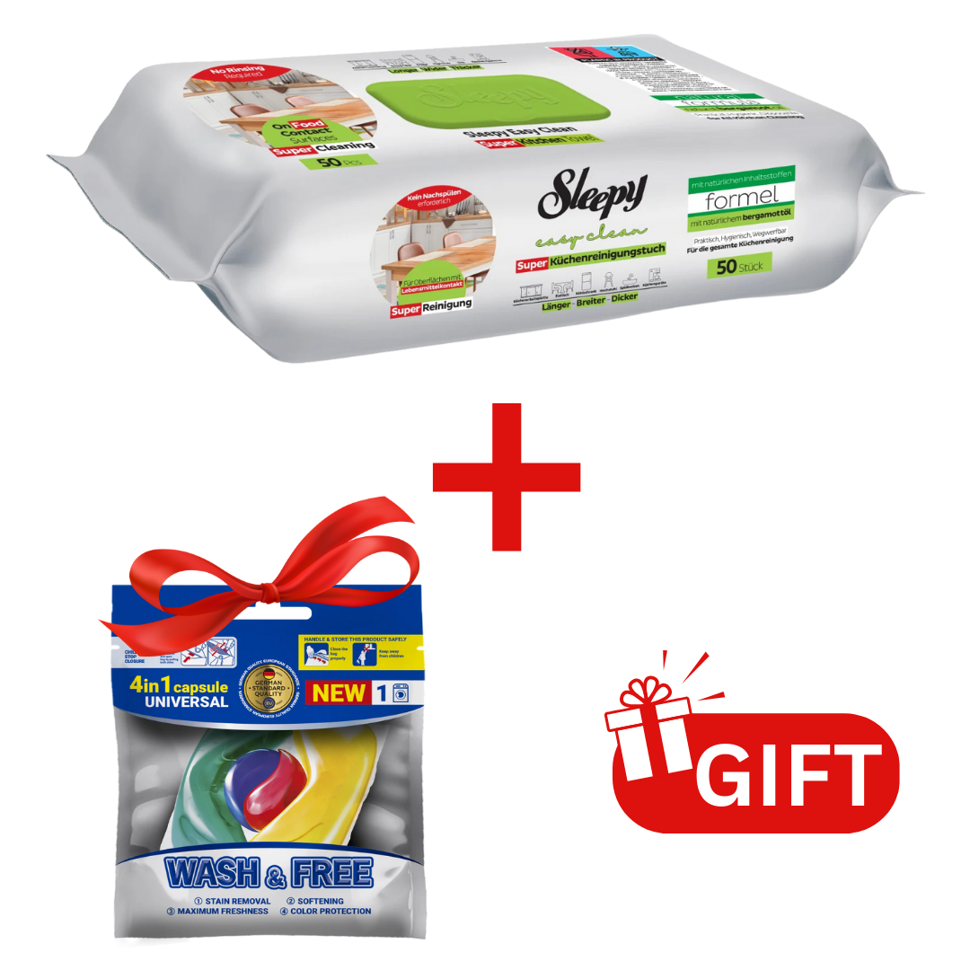PACHET PROMO:  Șervețele Sleepy Easy Clean bergamotă 50 buc + 1× Capsule rufe Wash & Free 4in1