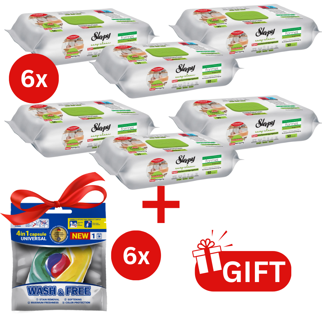 PACHET PROMO: 6× Șervețele Sleepy Easy Clean bergamotă 50 buc + 6× Capsule rufe Wash & Free 4in1