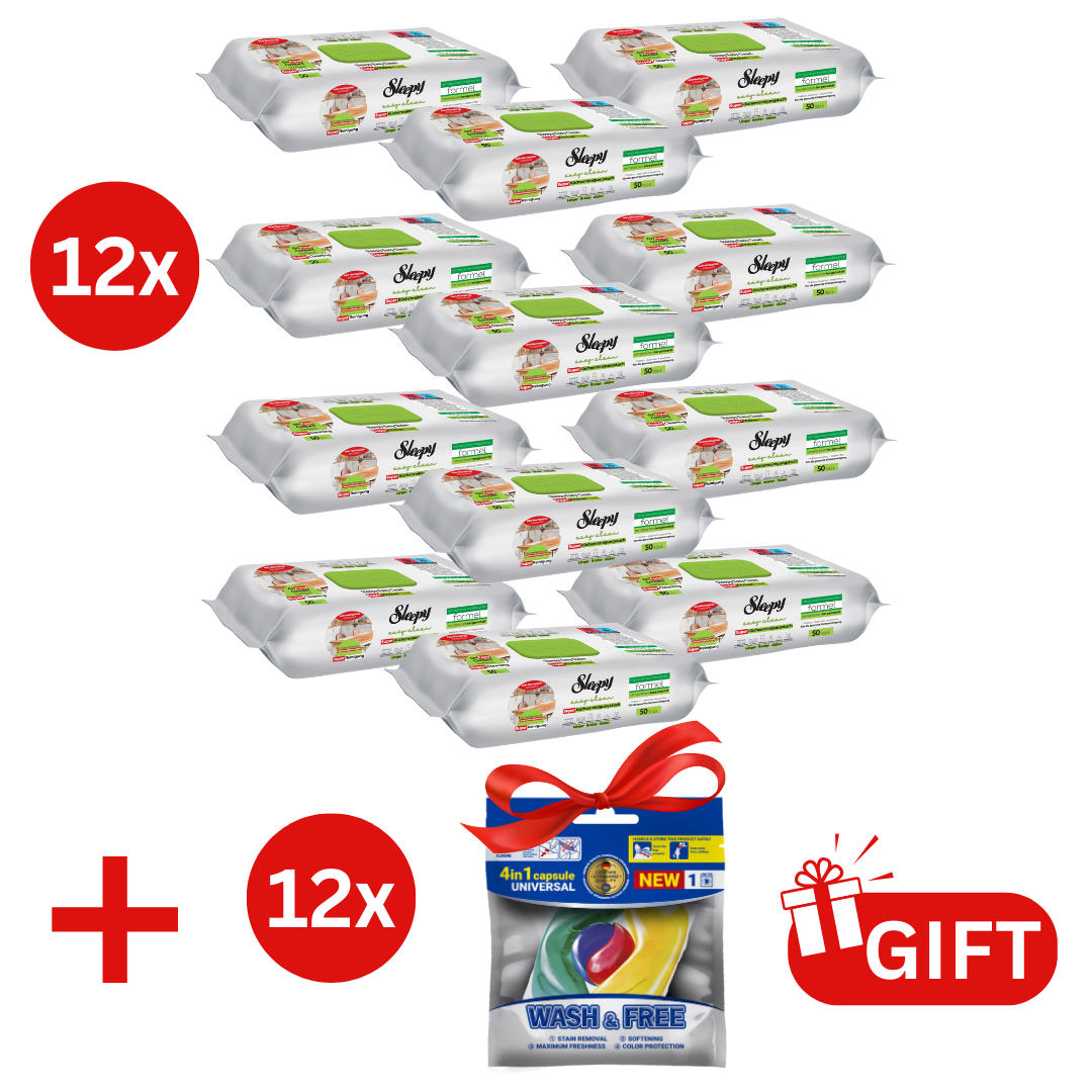 PACHET PROMO: 12× Șervețele Sleepy Easy Clean bergamotă 50 buc + 12× Capsule rufe Wash & Free 4in1