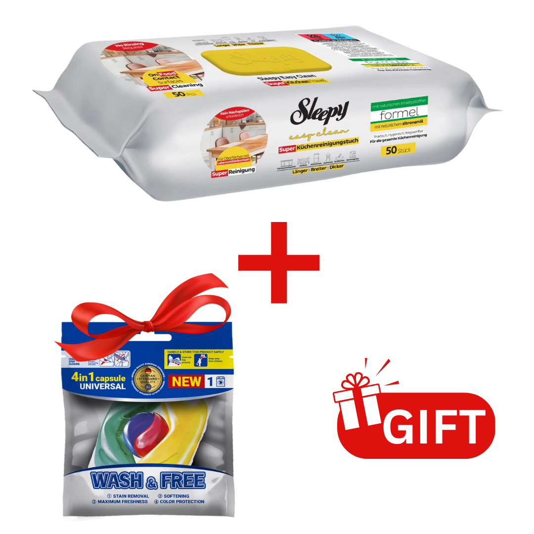 PACHET PROMO: Șervețele Sleepy Easy Clean lămâie 50 buc + 1× Capsule rufe Wash & Free 4in1