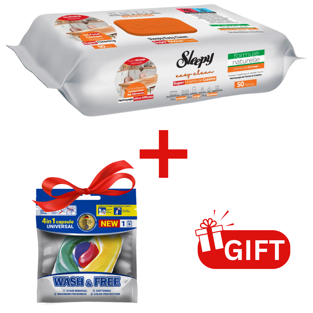 PACHET PROMO: Șervețele Sleepy Easy Clean portocală 50 buc + 1× Capsule rufe Wash & Free 4in1