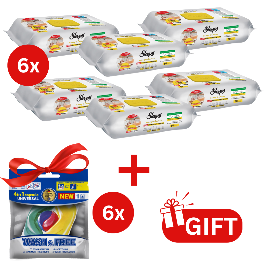 PACHET PROMO: 6× Șervețele Sleepy Easy Clean lămâie 50 buc + 6× Capsule rufe Wash & Free 4in1