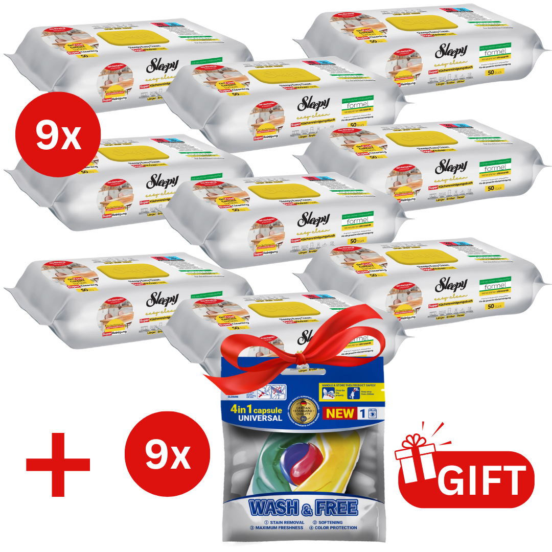 PACHET PROMO: 9× Șervețele Sleepy Easy Clean lămâie 50 buc + 3× Capsule rufe Wash & Free 4in1