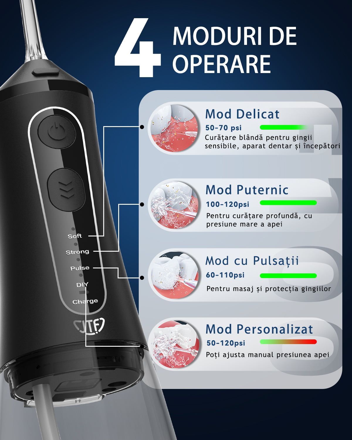 Irigator bucal portabil, JTF Sonic, F300 (9 capete, cablu de încărcare) cu lampa UV, Negru