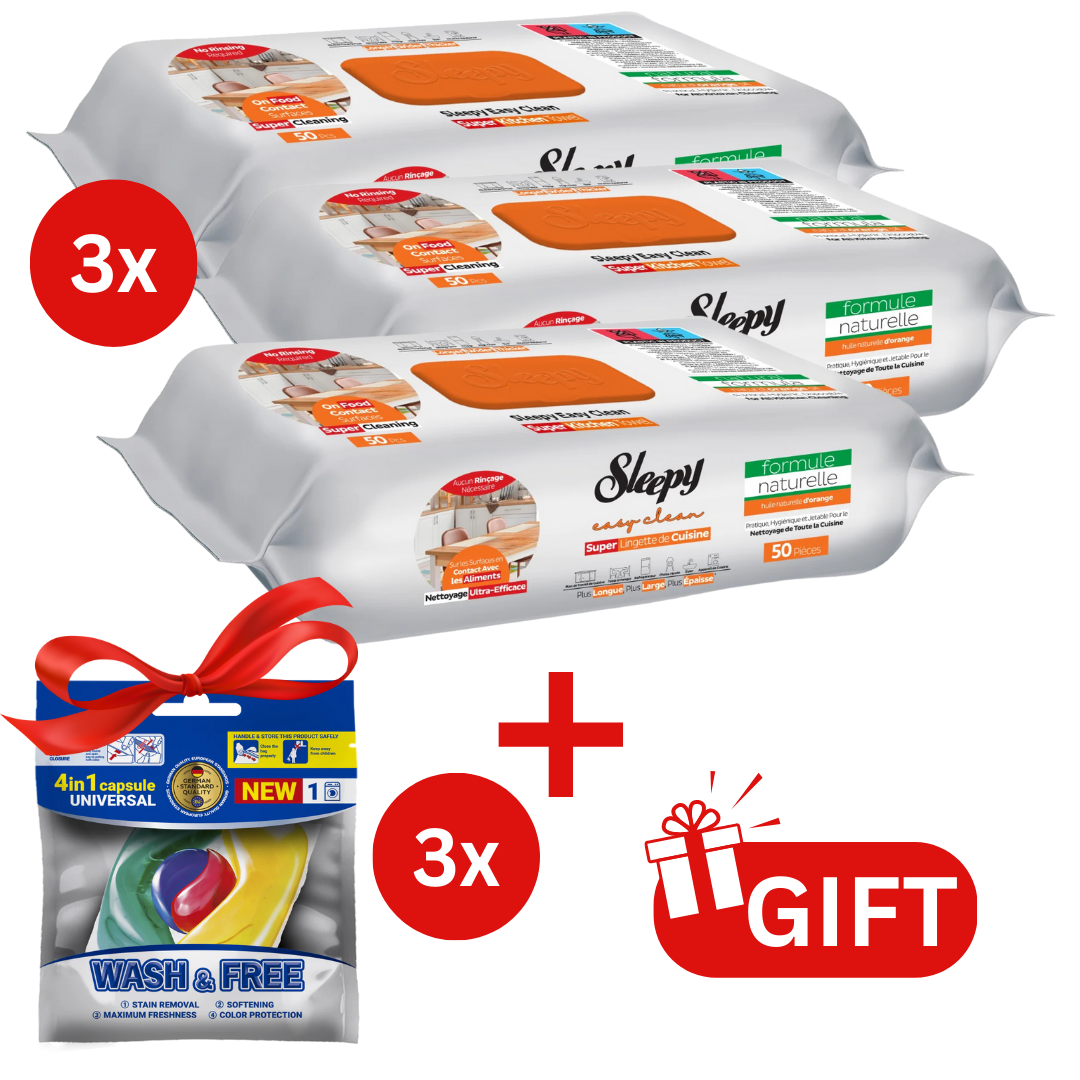PACHET PROMO: 3× Șervețele Sleepy Easy Clean portocală 50 buc + 3× Capsule rufe Wash & Free 4in1