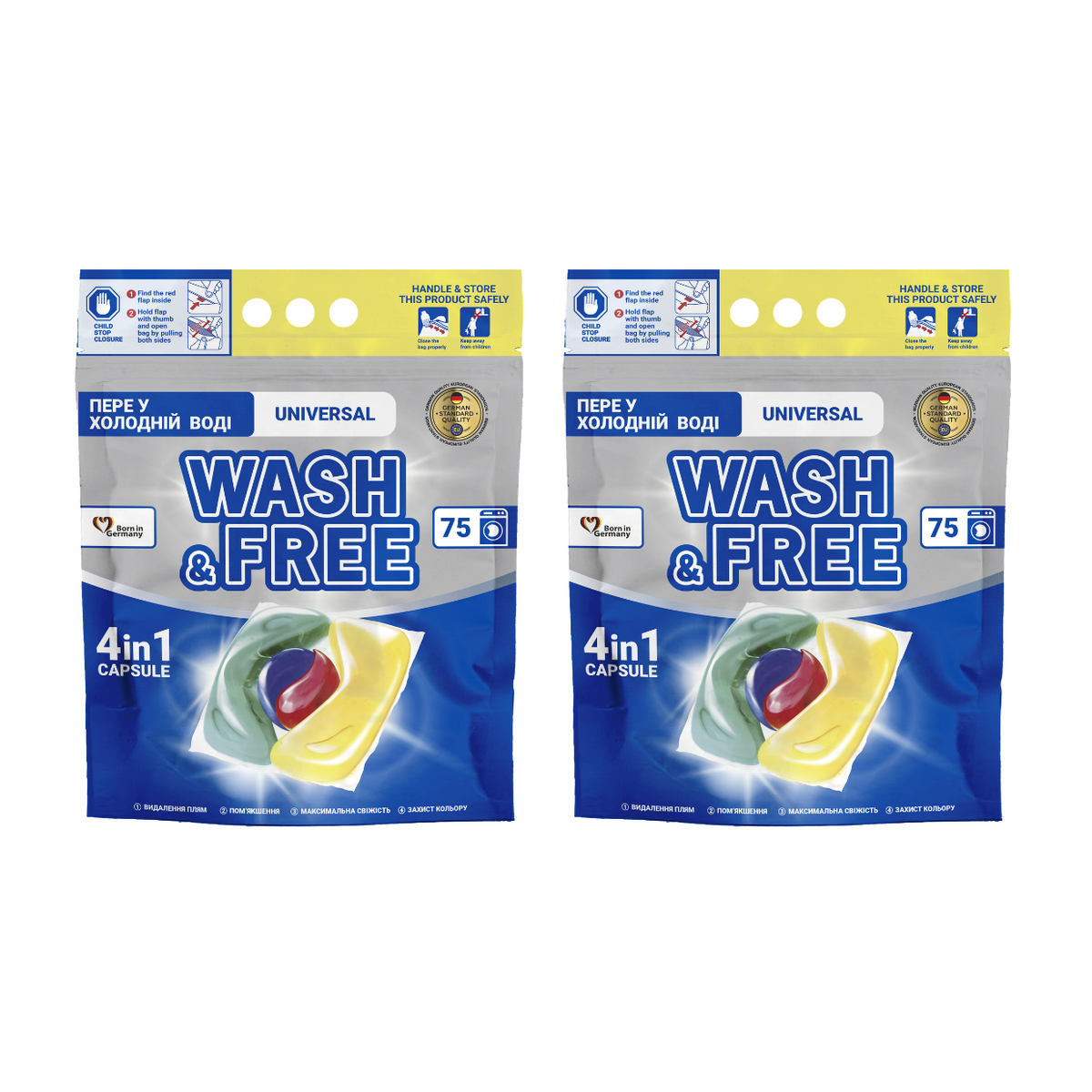 Pachet Promo WASH & FREE - 2x Detergent capsule pentru rufe Universal (150 capsule)
