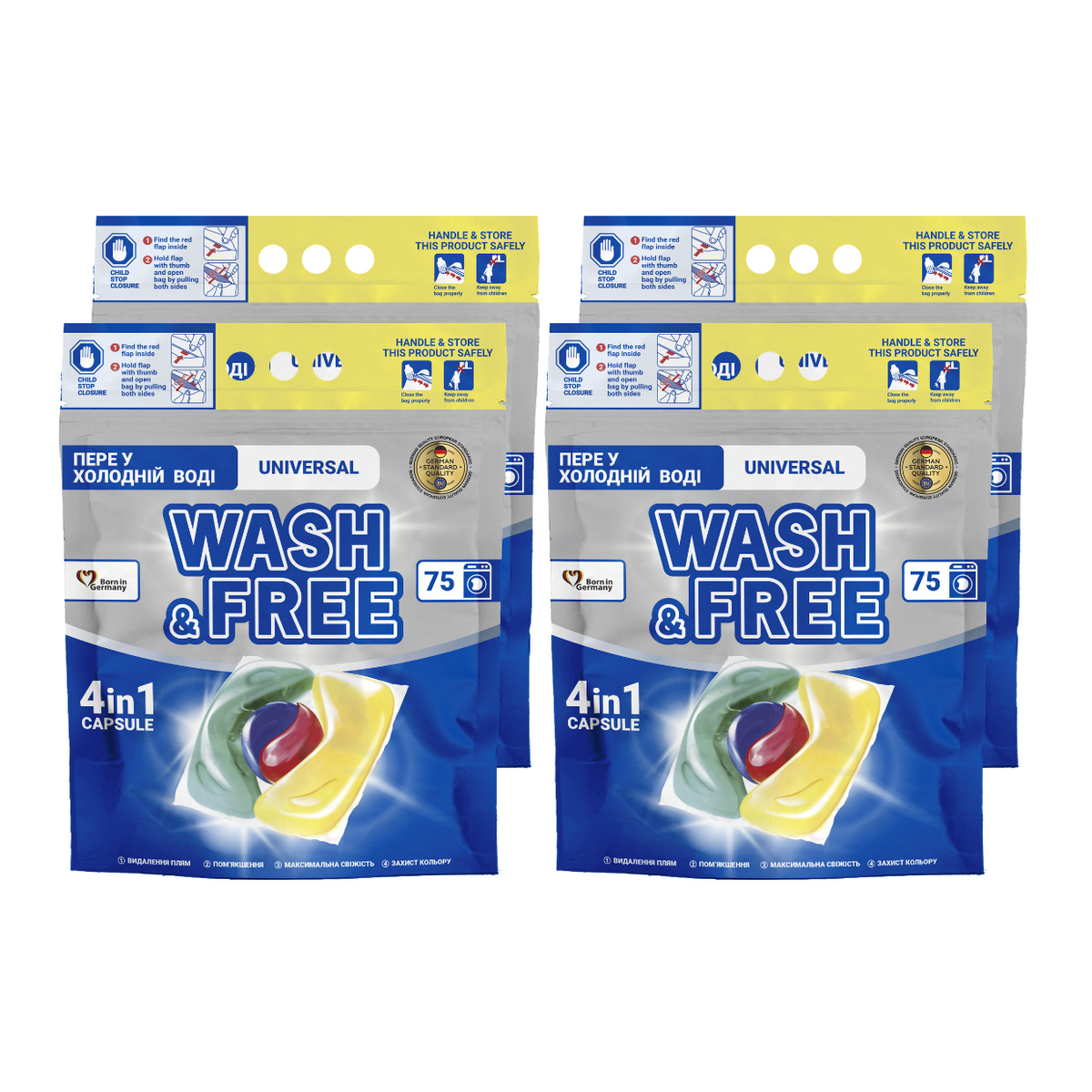 Pachet Promo WASH & FREE - 4x Detergent capsule pentru rufe Universal (300 capsule)