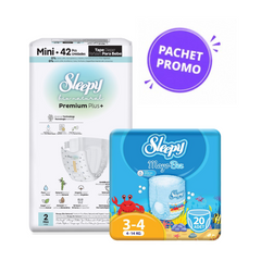 Pachet Promo Scutece Sleepy Natural Premium Nr. 2 (42 buc, 3-6 kg) + Scutece Chiloțel pentru Apă Nr. 3-4 (20 buc, 4-14 kg)