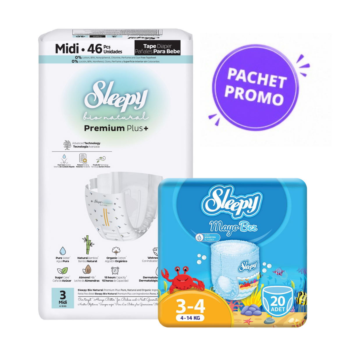Pachet Promo Scutece Sleepy Natural Premium Nr. 3 (46 buc, 4-9 kg) + Scutece Chiloțel pentru Apă Nr. 3-4 (20 buc, 4-14 kg)
