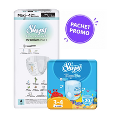 Pachet Promo Scutece Sleepy Natural Premium Nr. 4 (42 buc, 7-14 kg) + Scutece Chiloțel pentru Apă Nr. 3-4 (20 buc, 4-14 kg)