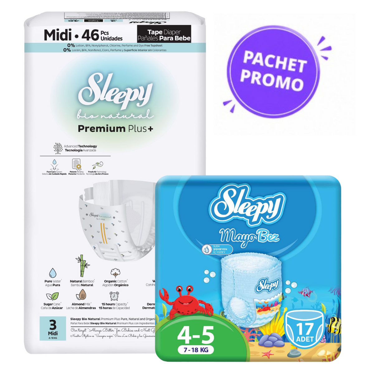 Pachet Promo Scutece Sleepy Natural Premium Nr. 3 (46 buc, 4-9 kg) + Scutece Chiloțel pentru Apă Nr. 4-5 (17 buc, 7-18 kg)